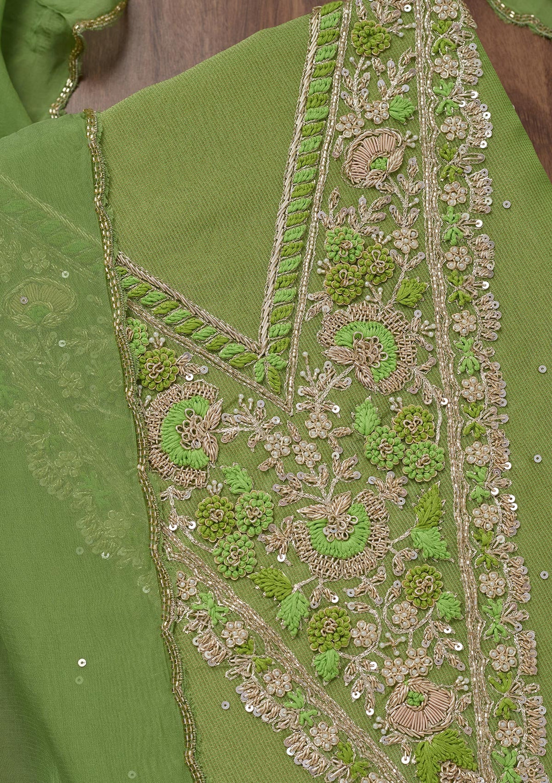 Parrot Green Stonework Tissue Unstitched Salwar Suit-Koskii