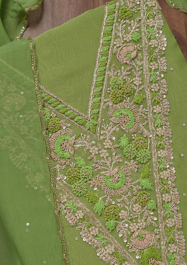 Parrot Green Stonework Tissue Unstitched Salwar Suit-Koskii