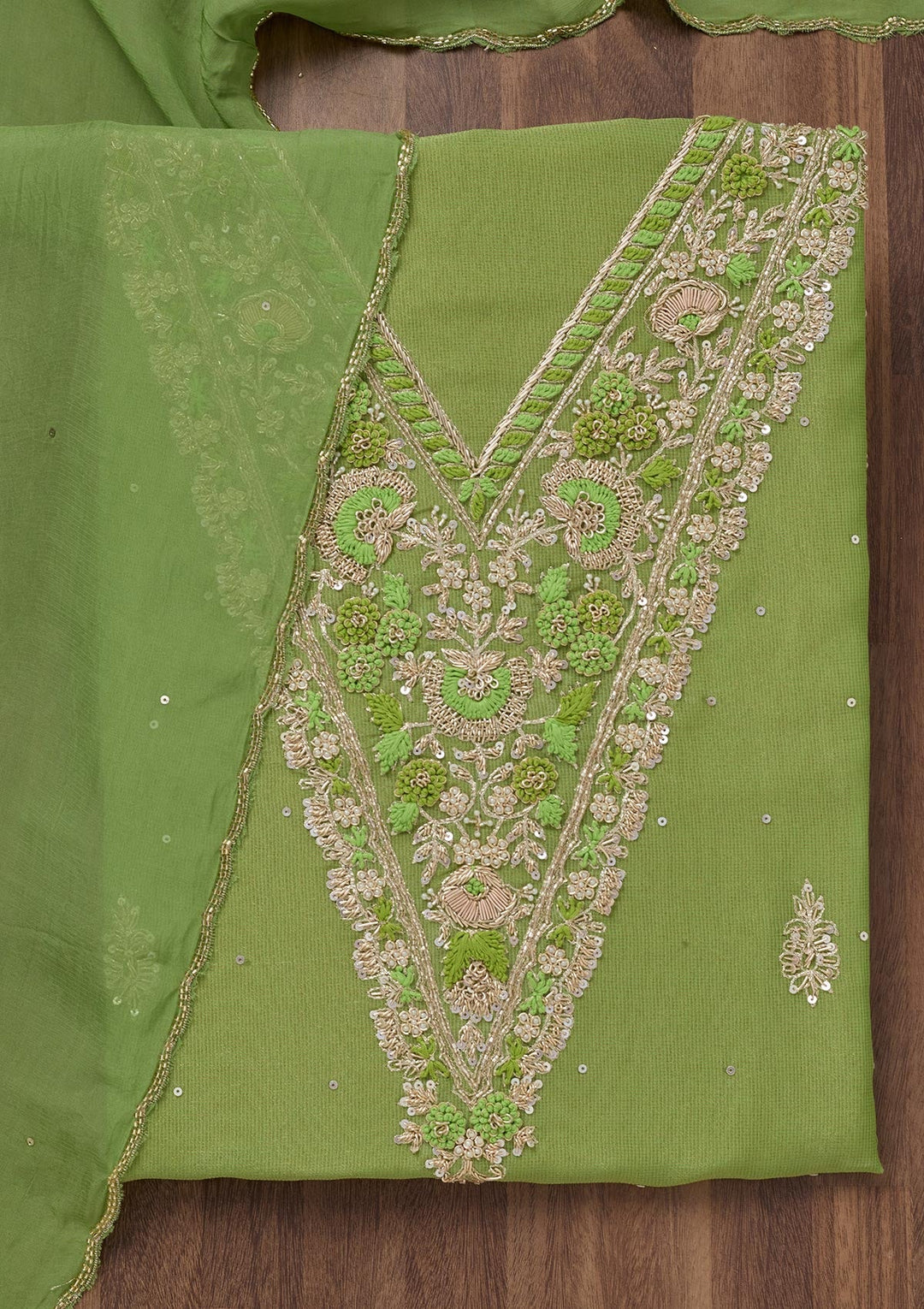 Parrot Green Stonework Tissue Unstitched Salwar Suit-Koskii