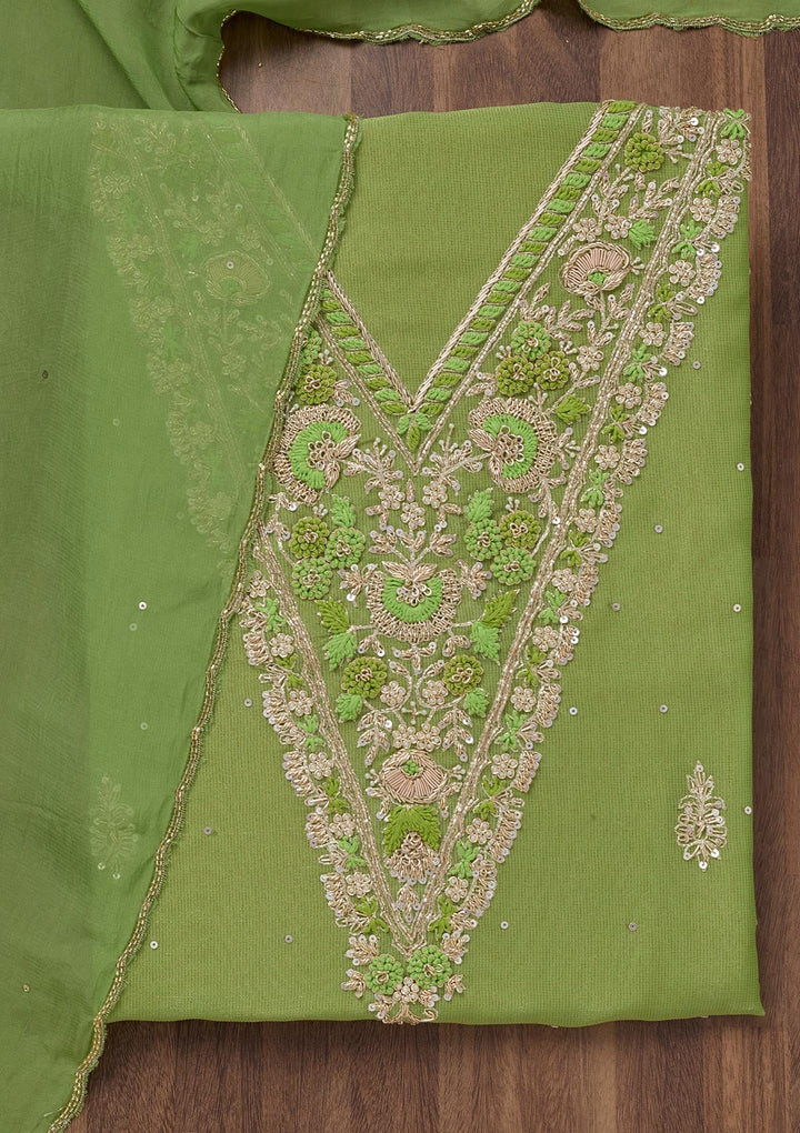 Parrot Green Stonework Tissue Unstitched Salwar Suit-Koskii