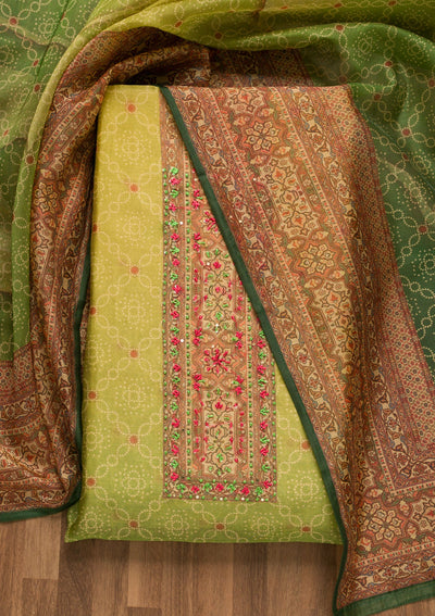 Parrot Green Threadwork Chanderi Unstitched Salwar Suit-Koskii