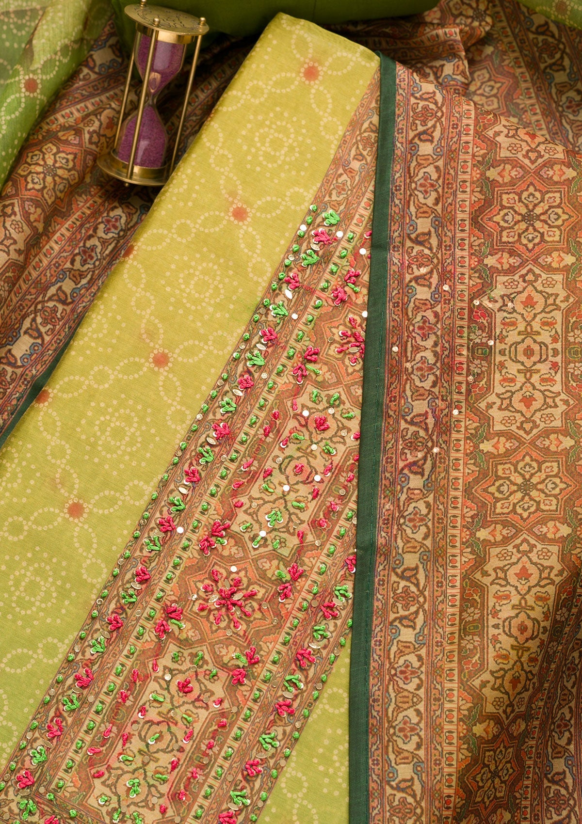 Parrot Green Threadwork Chanderi Unstitched Salwar Suit-Koskii