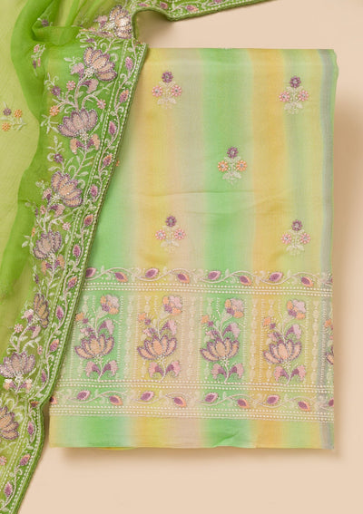 Parrot Green Threadwork Chiffon Unstitched Salwar Suit-Koskii