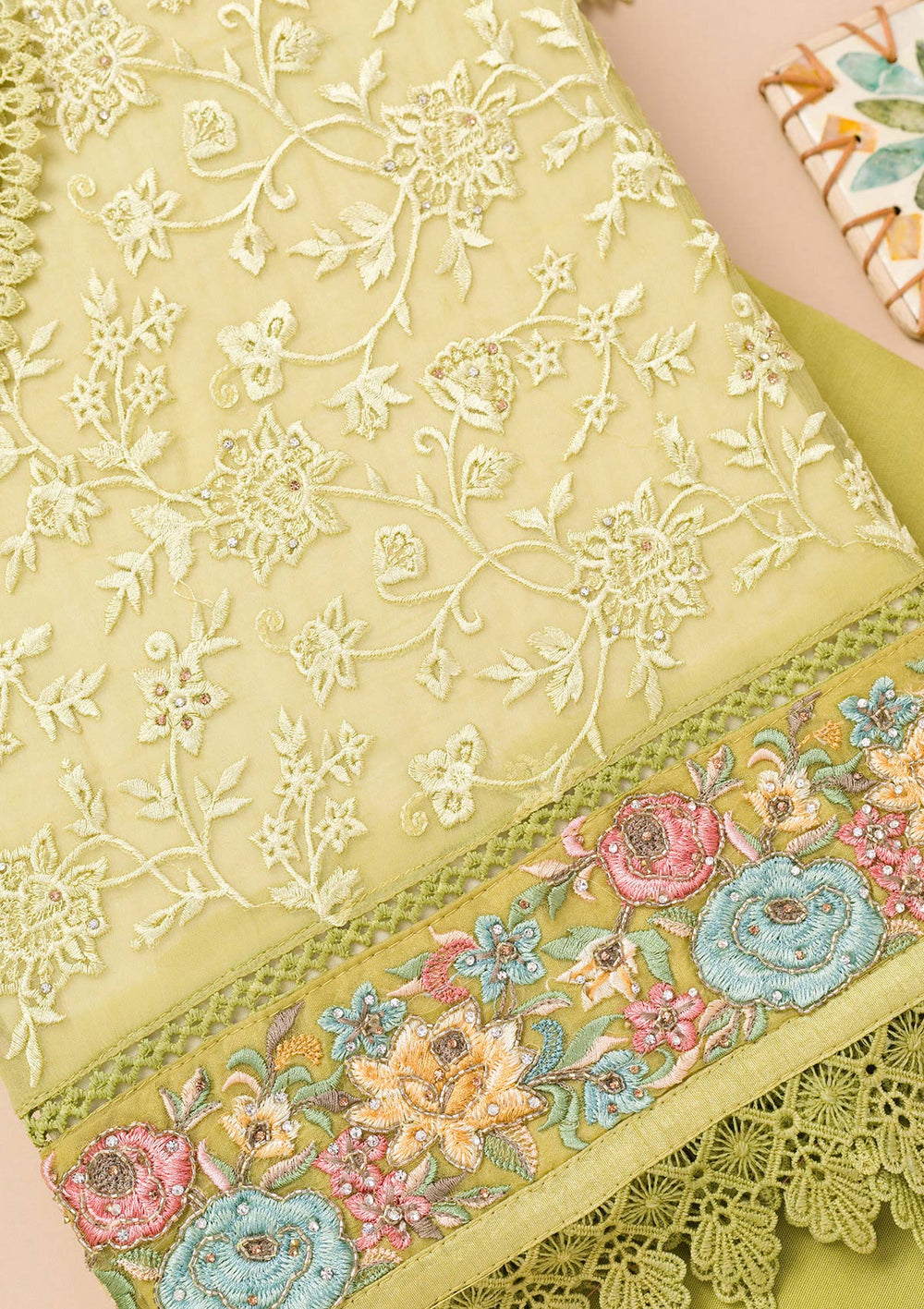 Parrot Green Threadwork Georgette Unstitched Salwar Suit-Koskii