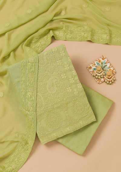 Parrot Green Threadwork Georgette Unstitched Salwar Suit-Koskii