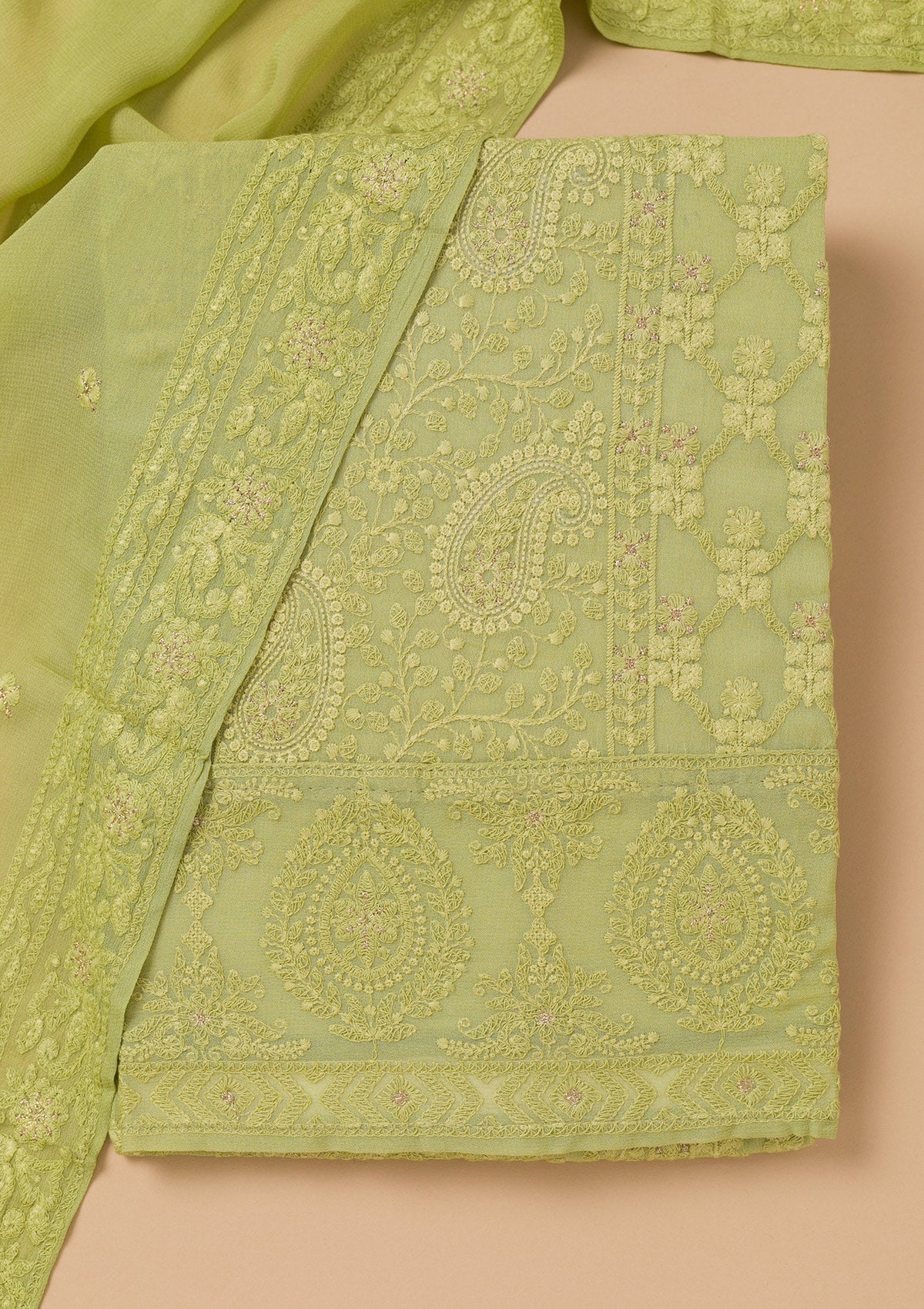 Parrot Green Threadwork Georgette Unstitched Salwar Suit-Koskii