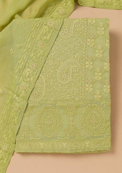 Parrot Green Threadwork Georgette Unstitched Salwar Suit-Koskii