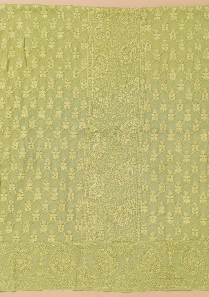Parrot Green Threadwork Georgette Unstitched Salwar Suit-Koskii