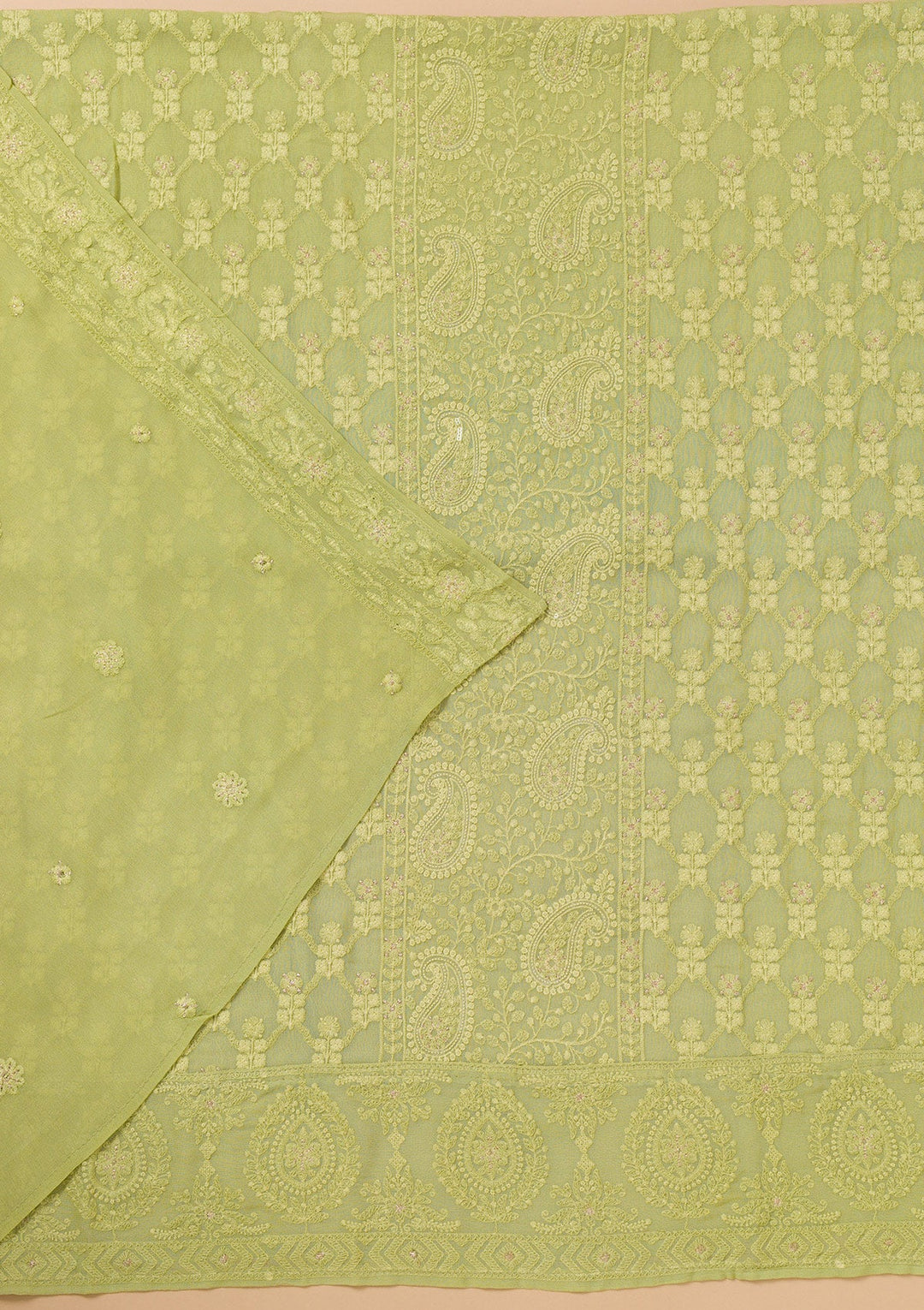 Parrot Green Threadwork Georgette Unstitched Salwar Suit-Koskii