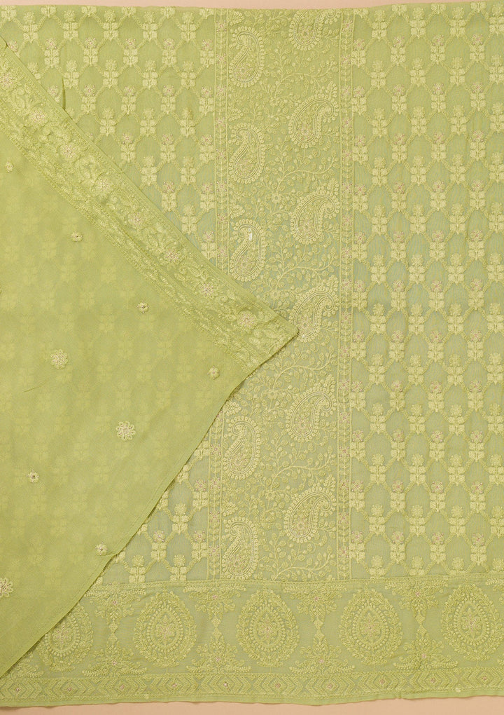 Parrot Green Threadwork Georgette Unstitched Salwar Suit-Koskii