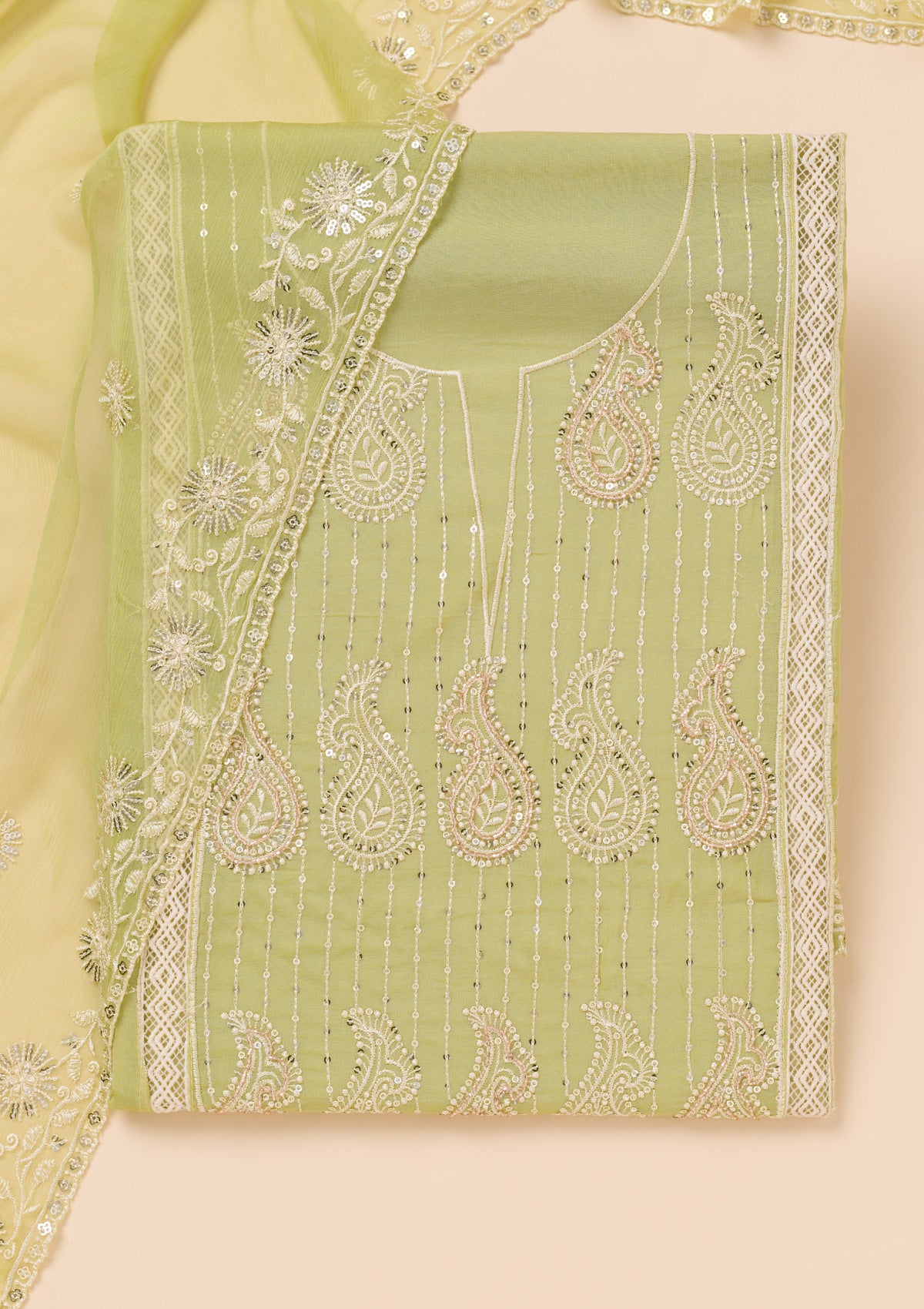 Parrot Green Threadwork Semi Crepe Unstitched Salwar Suit