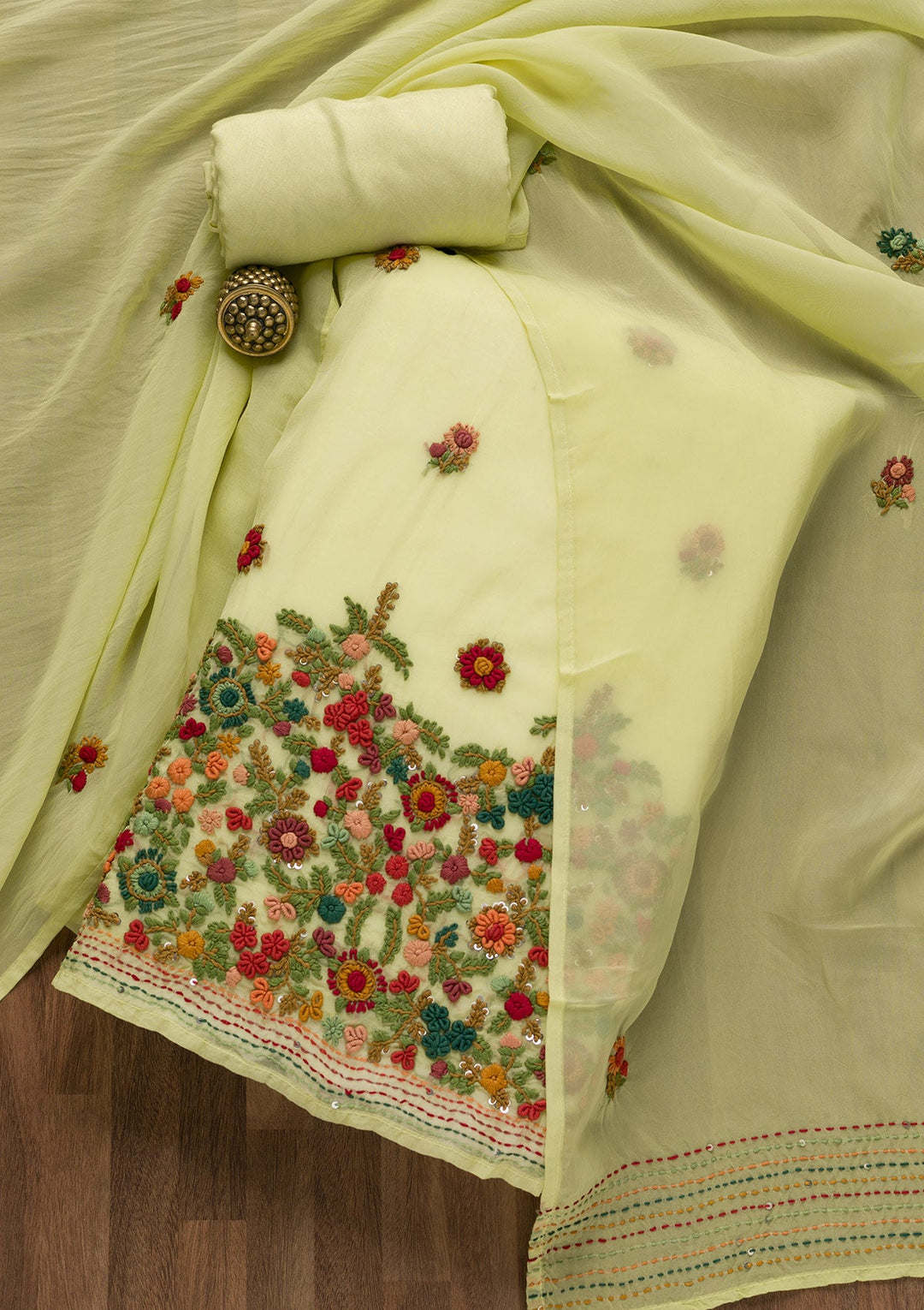 Parrot Green Threadwork Tissue Unstitched Salwar Suit-Koskii