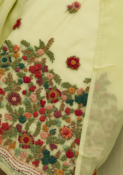 Parrot Green Threadwork Tissue Unstitched Salwar Suit-Koskii