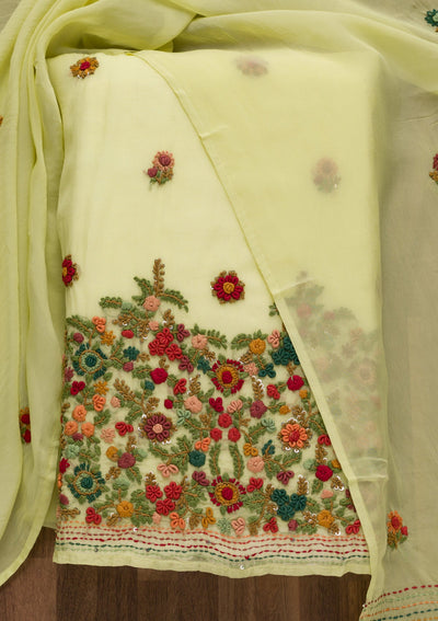 Parrot Green Threadwork Tissue Unstitched Salwar Suit-Koskii