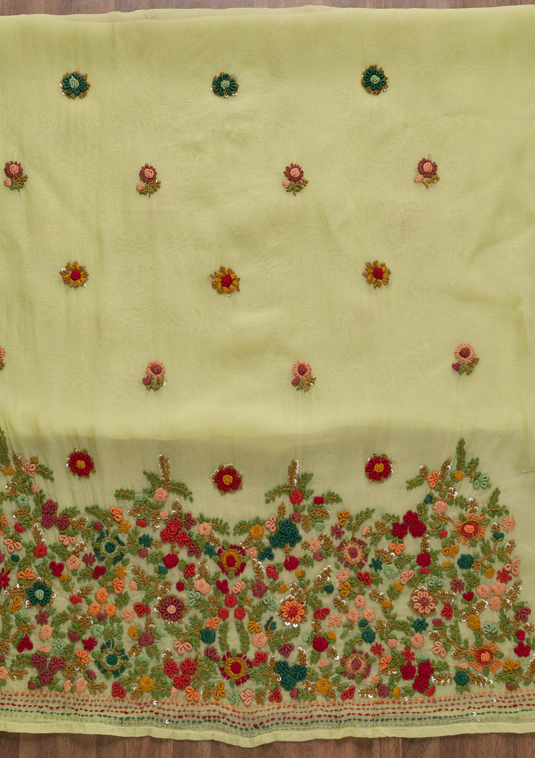 Parrot Green Threadwork Tissue Unstitched Salwar Suit-Koskii