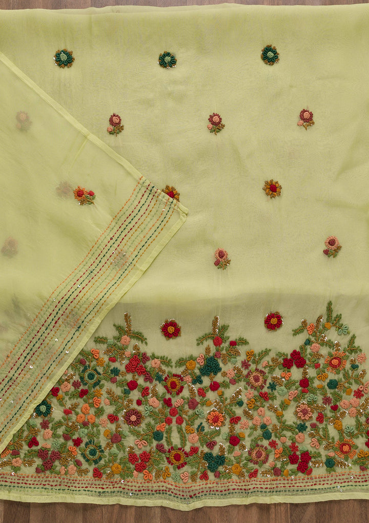 Parrot Green Threadwork Tissue Unstitched Salwar Suit-Koskii