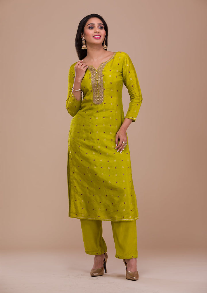 Parrot Green Zariwork Soft Silk Readymade Sharara Kameez