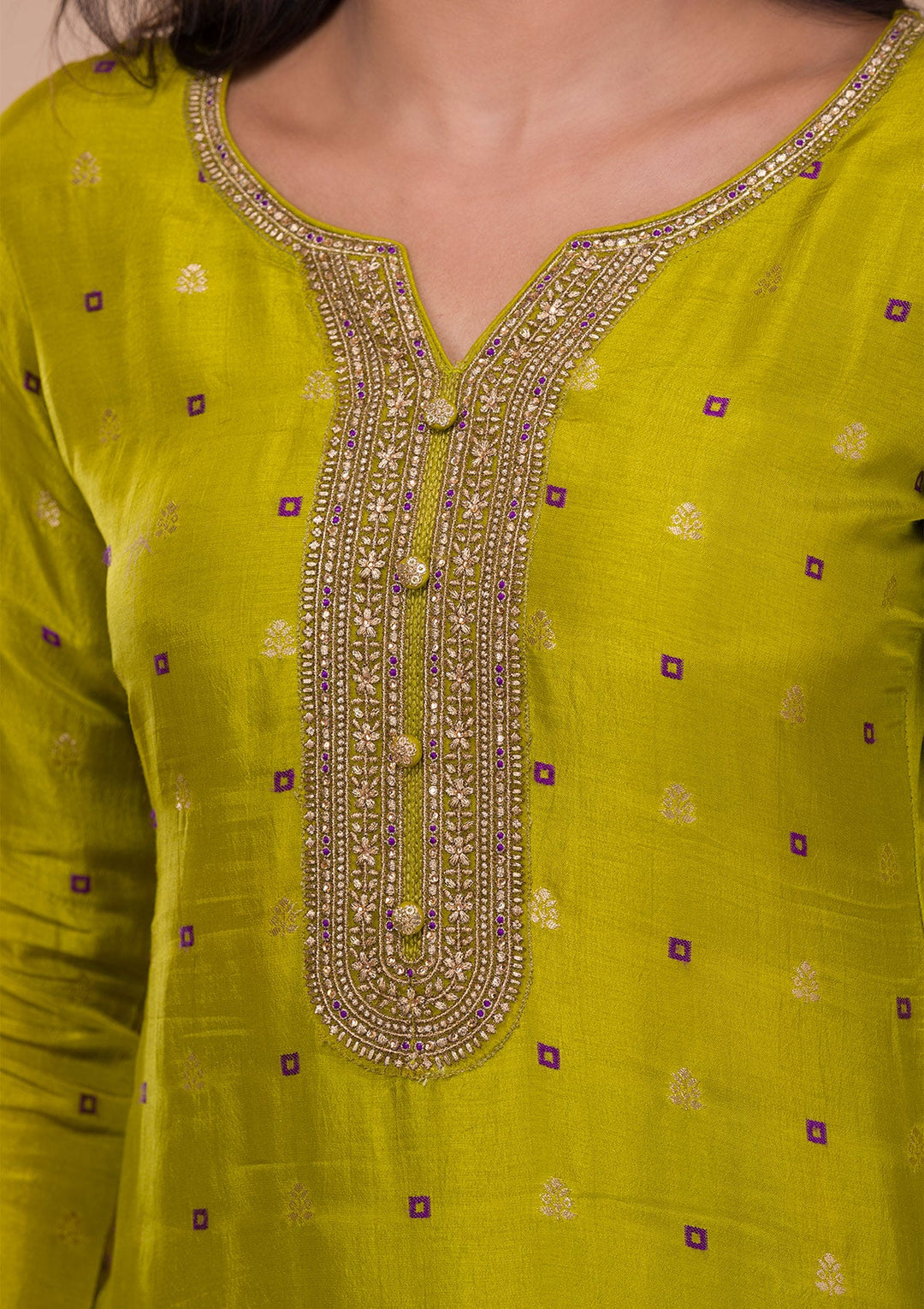 Parrot Green Zariwork Soft Silk Readymade Sharara Kameez