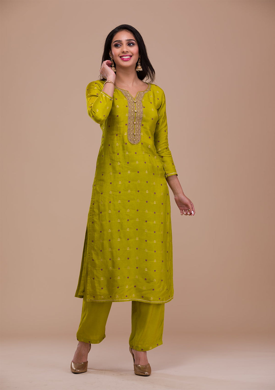 Parrot Green Zariwork Soft Silk Readymade Sharara Kameez