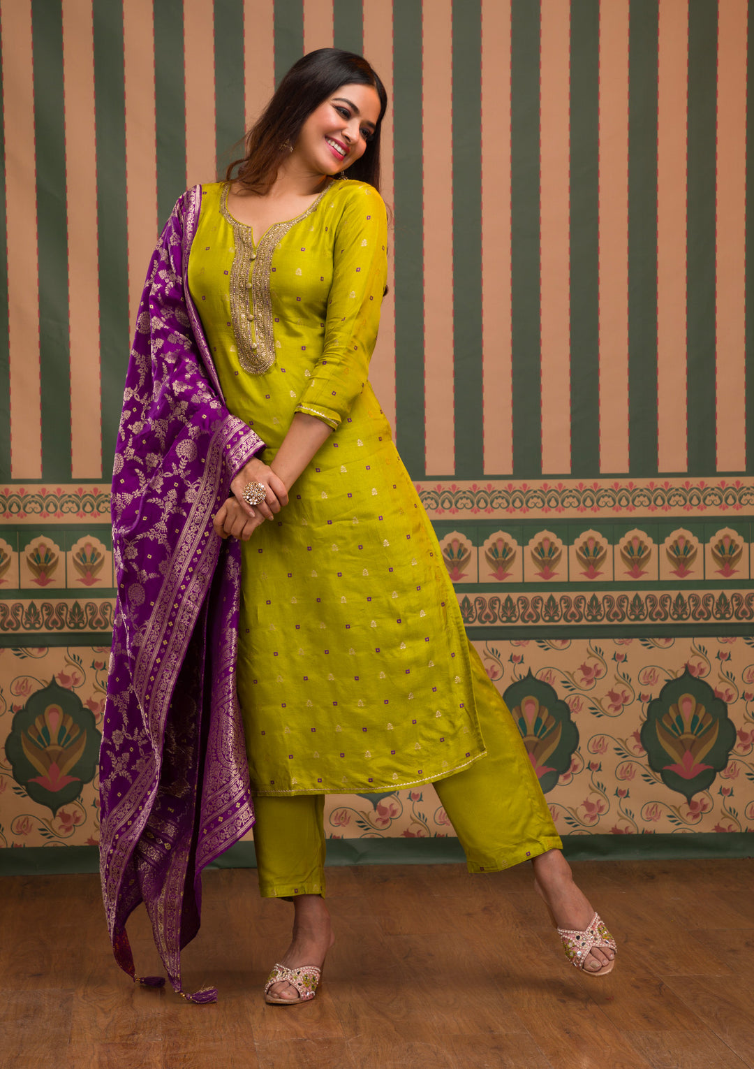 Parrot Green Zariwork Soft Silk Readymade Sharara Kameez