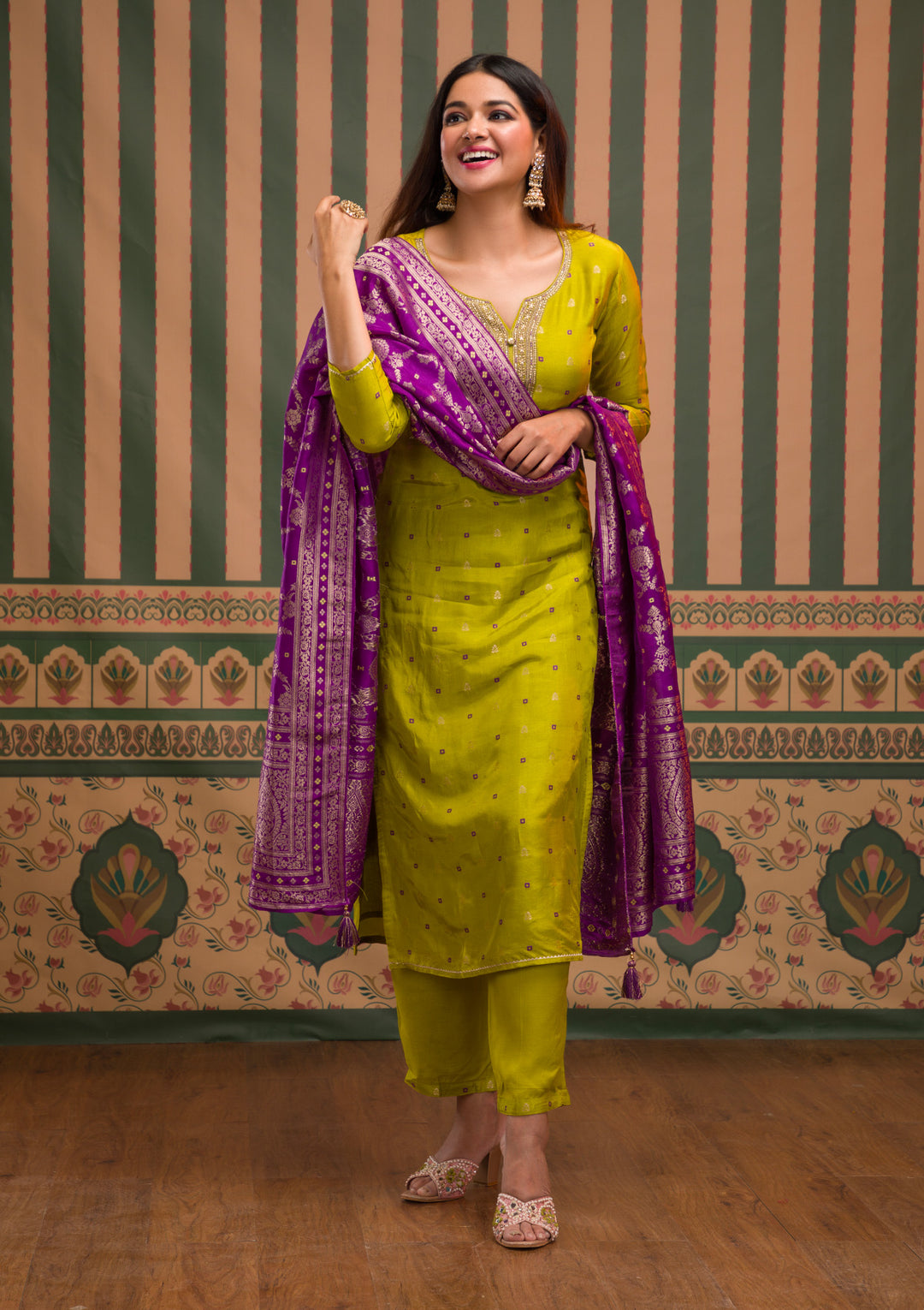 Parrot Green Zariwork Soft Silk Readymade Sharara Kameez