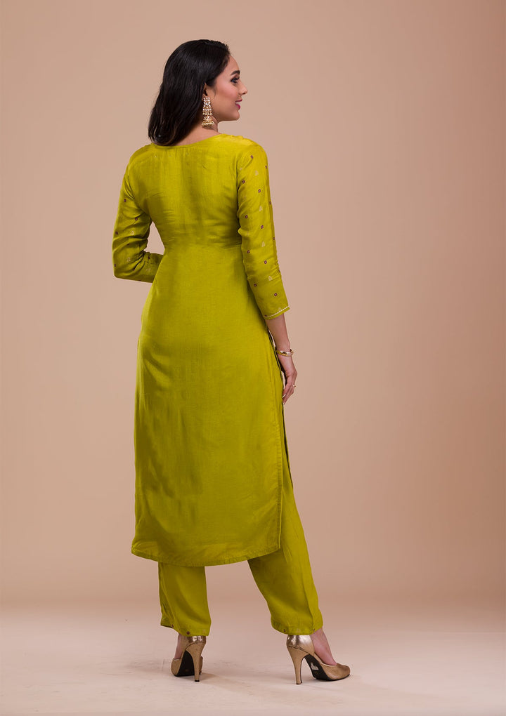 Parrot Green Zariwork Soft Silk Readymade Sharara Kameez