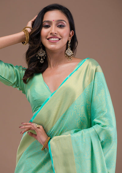 Leaf Green Zariwork Banarasi Silk Saree-Koskii