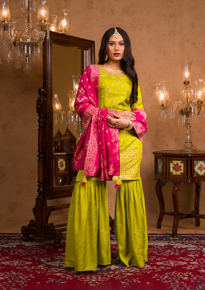 Parrot Green Zariwork Banarasi Readymade Salwar Kameez