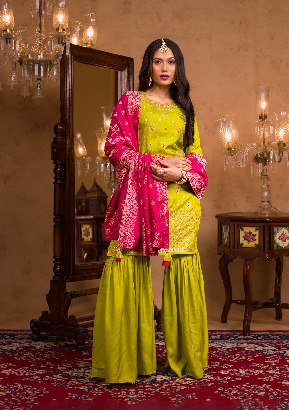 Parrot Green Zariwork Banarasi Readymade Salwar Suit