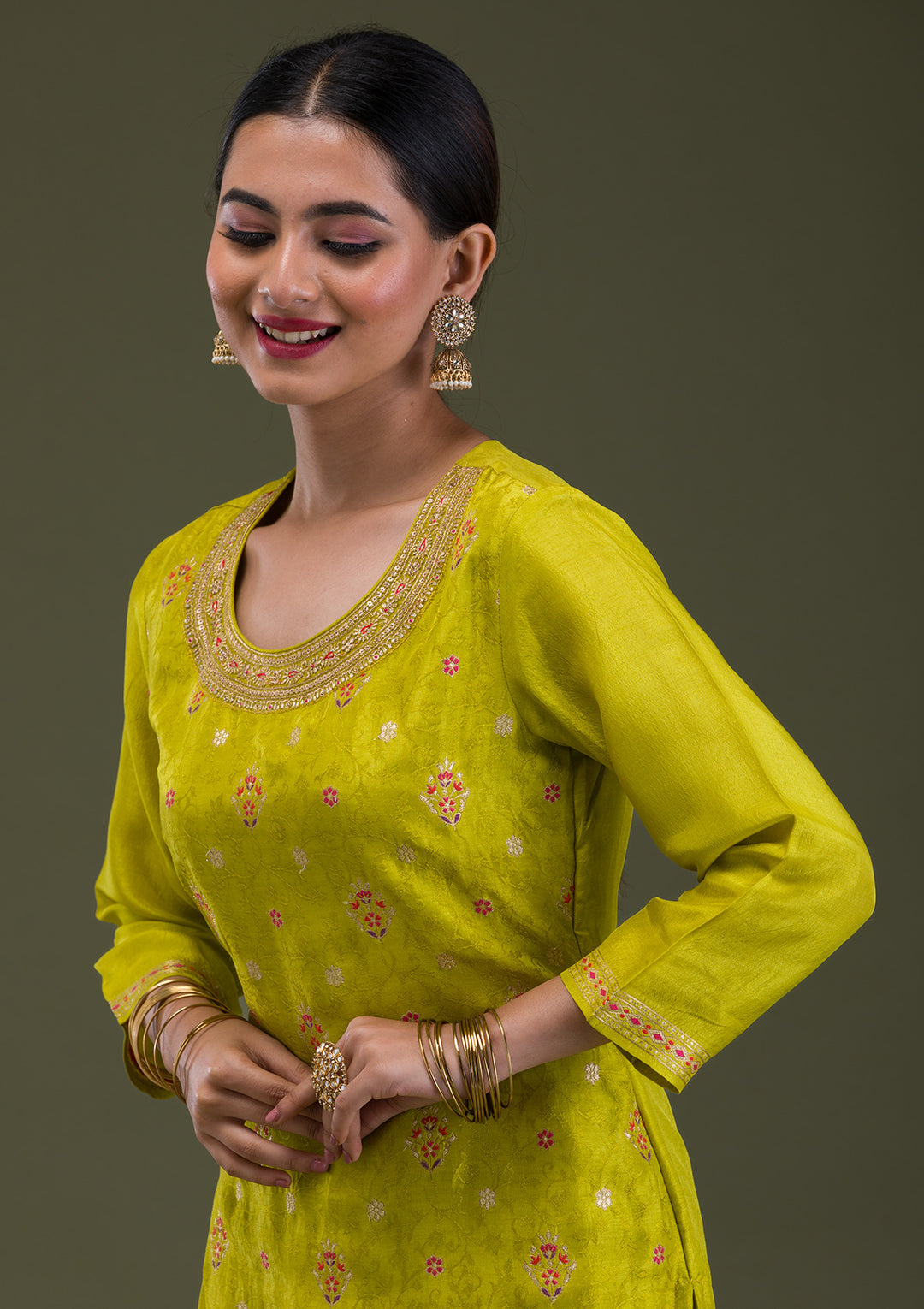 Parrot Green Zariwork Banarasi Readymade Salwar Kameez