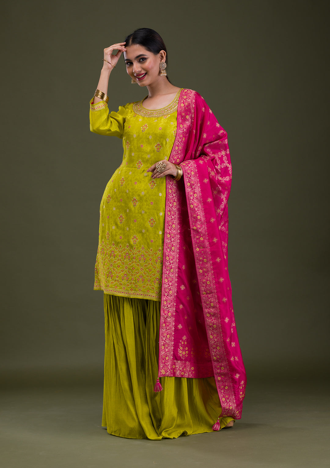 Parrot Green Zariwork Banarasi Readymade Salwar Kameez