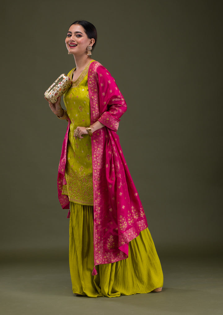 Parrot Green Zariwork Banarasi Readymade Salwar Kameez