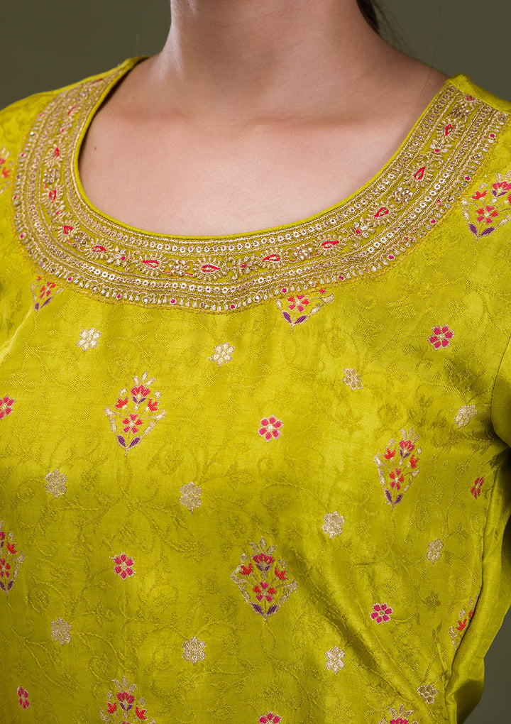 Parrot Green Zariwork Banarasi Readymade Salwar Kameez