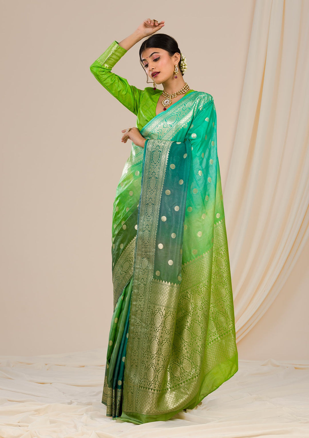 Parrot Green Zariwork Chanderi Saree-Koskii