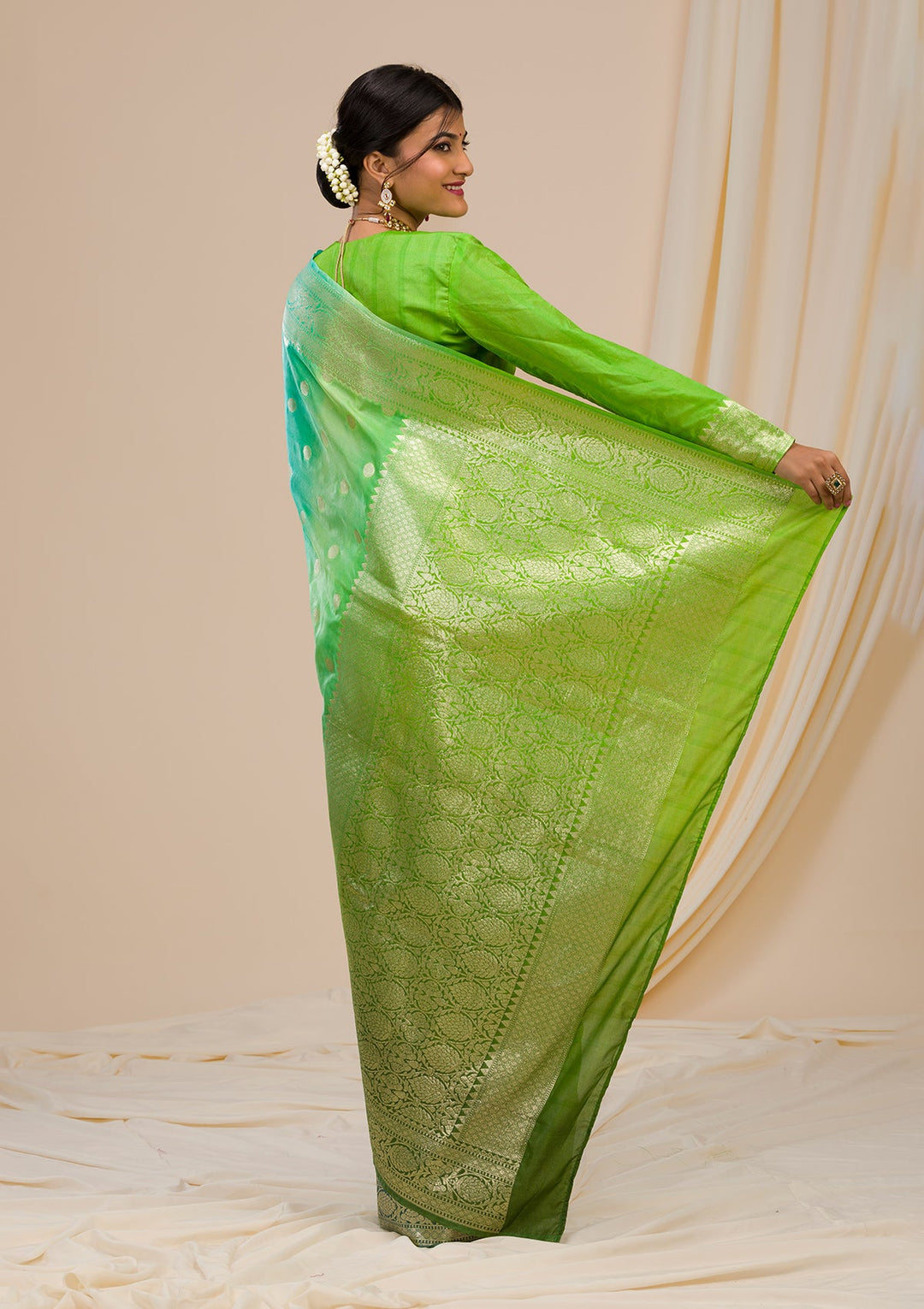 Parrot Green Zariwork Chanderi Saree-Koskii