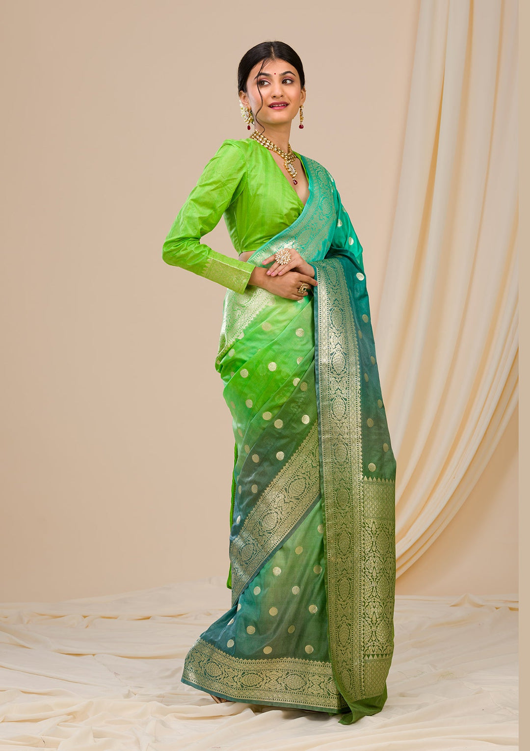 Parrot Green Zariwork Chanderi Saree-Koskii