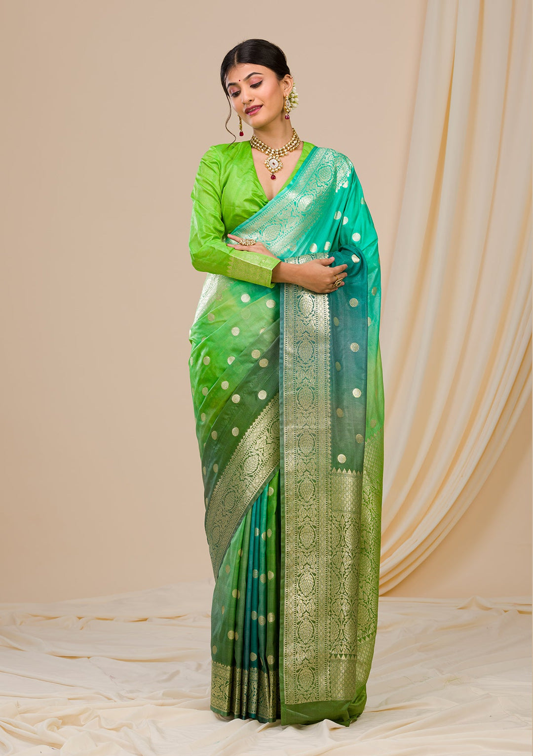 Parrot Green Zariwork Chanderi Saree-Koskii