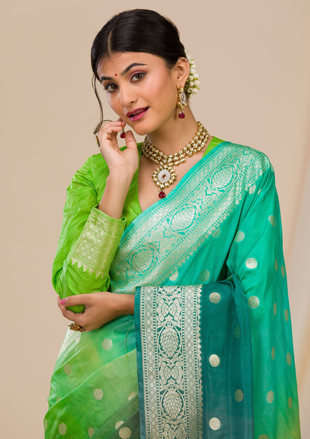 Parrot Green Zariwork Chanderi Saree-Koskii