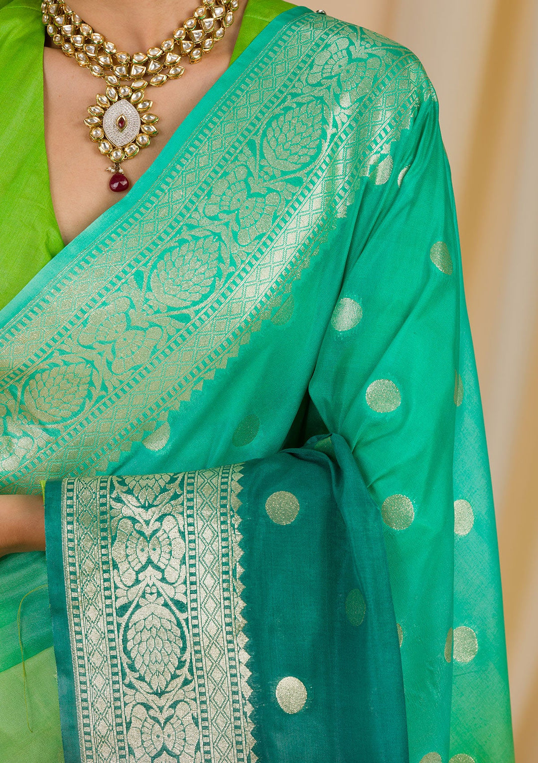 Parrot Green Zariwork Chanderi Saree-Koskii