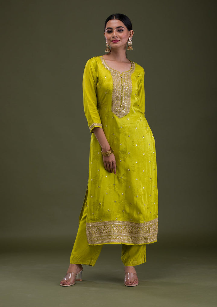 Parrot Green Zariwork Crepe Readymade Salwar Suit-Koskii