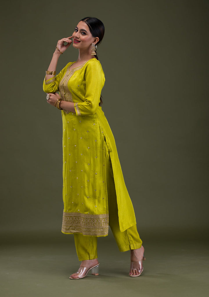 Parrot Green Zariwork Crepe Readymade Salwar Suit-Koskii