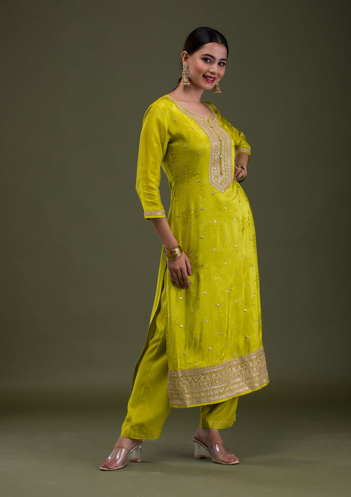 Parrot Green Zariwork Crepe Readymade Salwar Suit-Koskii