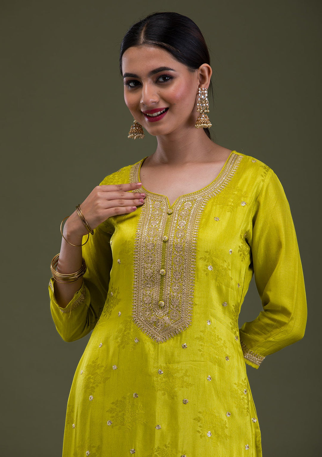 Parrot Green Zariwork Crepe Readymade Salwar Suit-Koskii