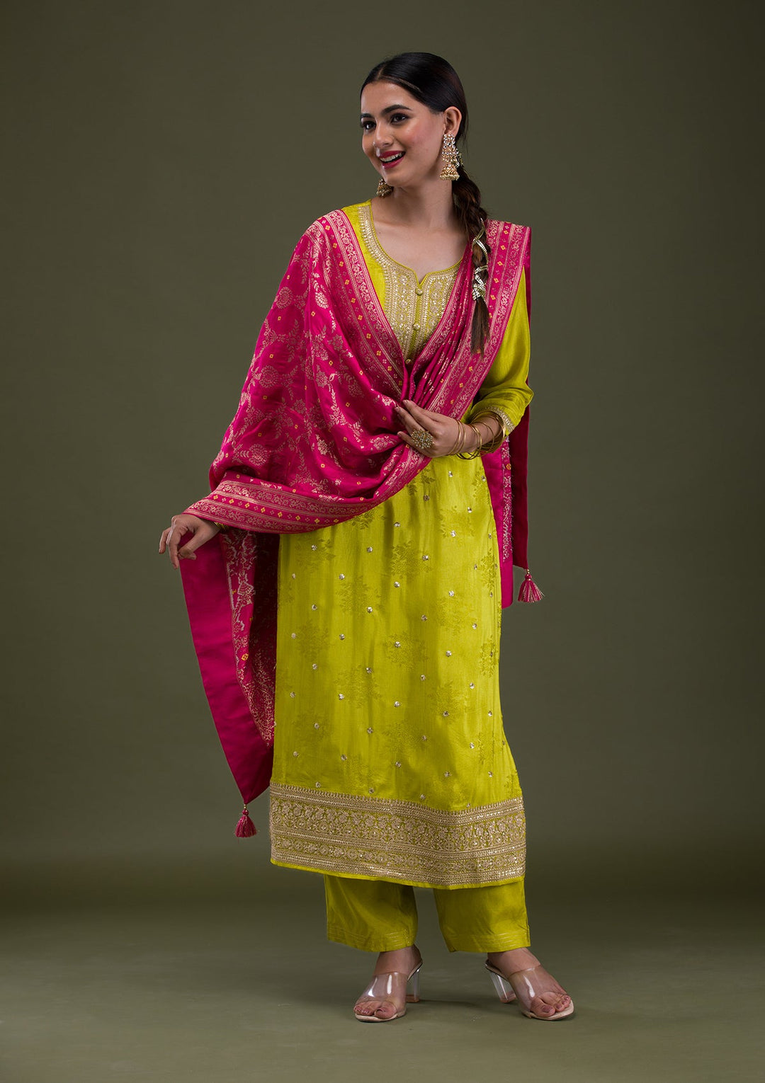 Parrot Green Zariwork Crepe Readymade Salwar Suit-Koskii