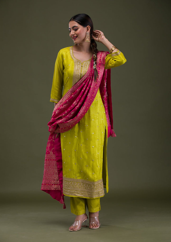 Parrot Green Zariwork Crepe Readymade Salwar Suit-Koskii
