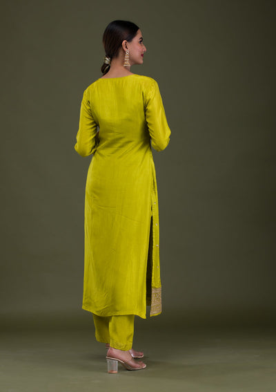 Parrot Green Zariwork Crepe Readymade Salwar Suit-Koskii