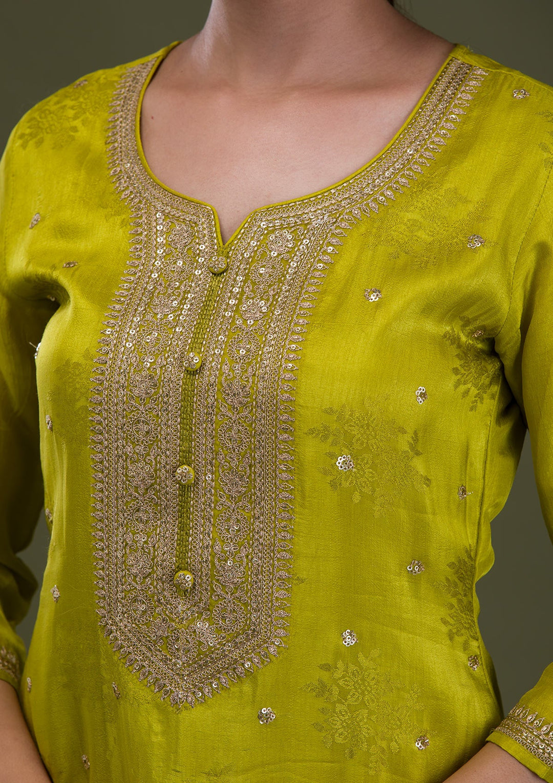 Parrot Green Zariwork Crepe Readymade Salwar Suit-Koskii