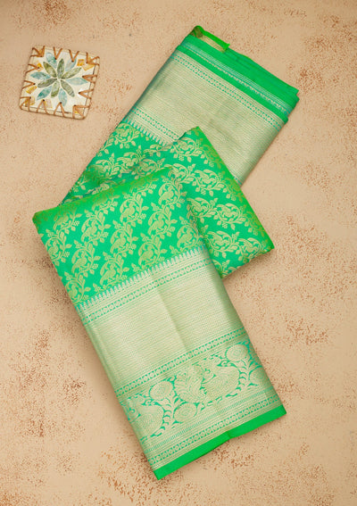 Parrot Green Zariwork Pure Silk Saree-Koskii