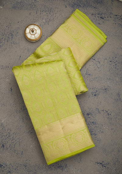 Parrot Green Zariwork Pure Silk Saree-Koskii