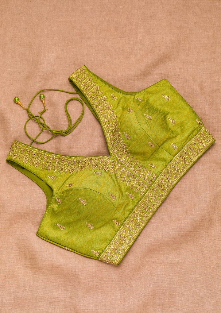 Parrot Green Zariwork Raw Silk Blouse-Koskii
